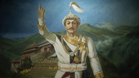 A painting of a man in a white jacket and white hat with a plume holding his hand up in the air, with a mountain village in the background.