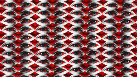 A collage artwork in bright red and grey colours, with many open eyes in lines, with closed eyes superimposed in the spaces between them. The effect from a distance is a geometric pattern.
