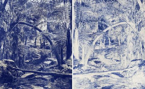 A work created with blue pastel in pencil representing a forest in two panels; the left panel is coloured in a deeper blue than the right, which appears as more of a sketch.