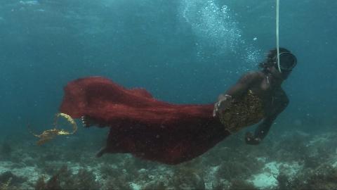 An underwater photograph of a woman diving in a bright blue ocean wearing a blood-red dress.