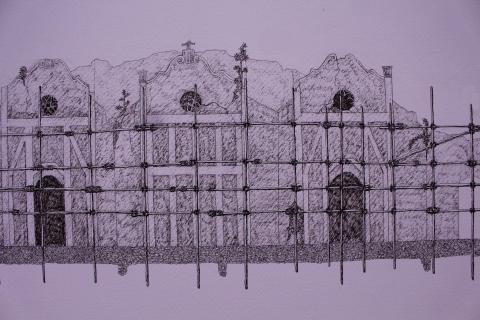 A line drawing of a building with scaffolding. 