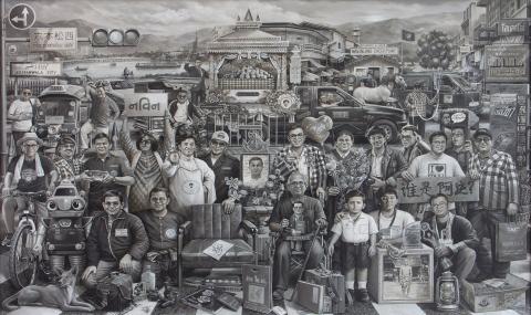 A painting in grey and black tones depicting dozens of self-portraits in different scenarios.