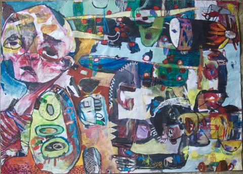 A colourful collage featuring abstract faces and figures.