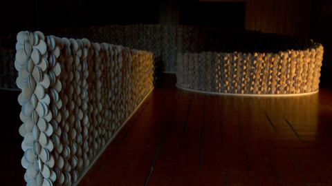 An installation view of a series of wall-like sculptures made from ringed venus shells.