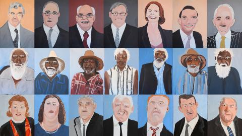 A series of portraits in three rows: white Australian prime ministers; Indigenous elders; and white Australian billionaires.