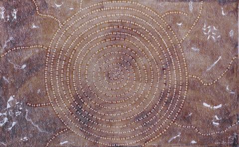 A painting made in polymer paint and mud on canvas featuring white ants traveling in concentric circles on a brown background.