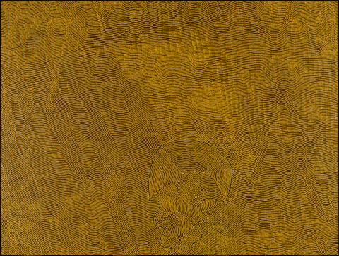 A painting of fine yellow marks on a black background, painted on linen.