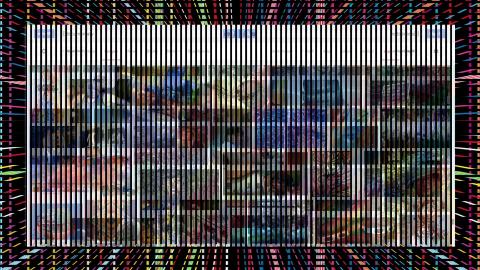 A composite image of multiple thumbnail stills, as on a Google image search, with black 'static' overlaid.