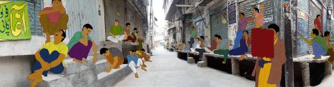A composite image of colourful cartoon people laughing overlaid on a streetscape.