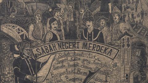A woodcut with smiling people in traditional Malaysian dress, surrounded by symbols of industry and agriculture. Text in the centre reads: 'Sabah Negeri Merdeka'.