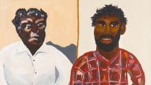A detail view of a painting by Vincent Namatjira of himself and his grandfather Albert side-by-side.