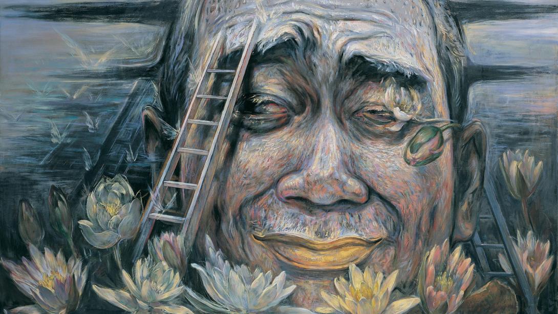 A painting of a huge-scale male-appearing head set amongst lotus flowers, with a ladder leaning against the person's eyebrow.