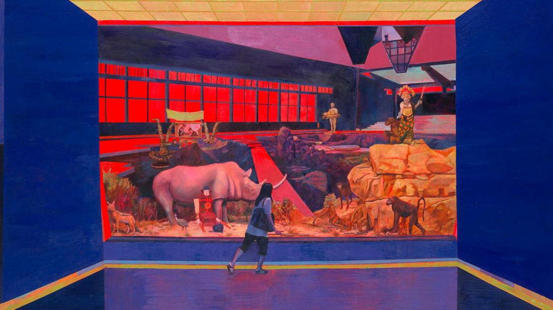An oil painting of a painting inside a gallery, which has dark blue walls; the 'painting' inside the painting includes a rhino standing near a red building.
