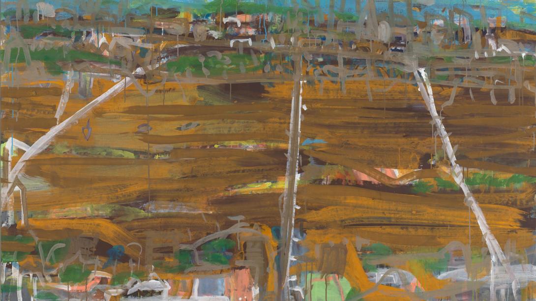 An abstract painting of the muddy Brisbane River flooding.