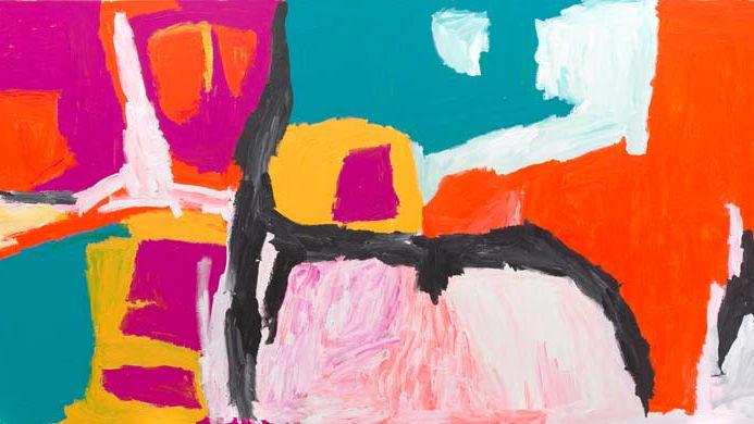 A detail view of an abstract painting made with bright pinks, oranges and teals with white and black lines.