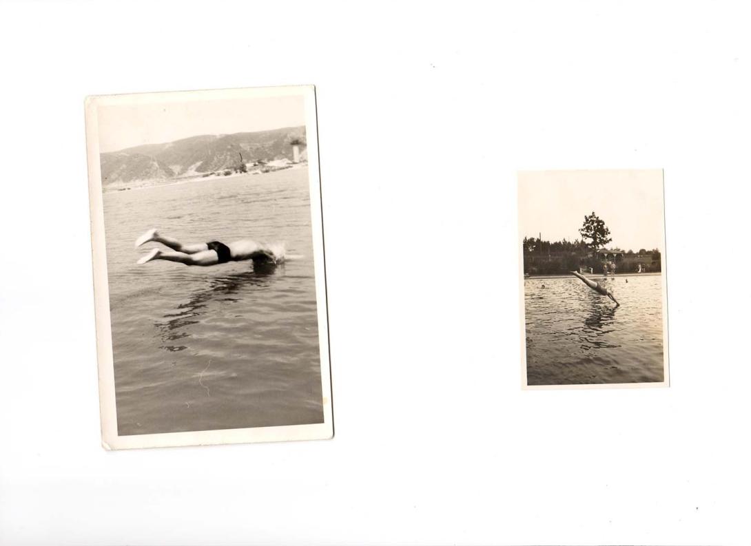 A photograph of two old-fashioned looking black-and-white photographs, each of a person diving into open water.