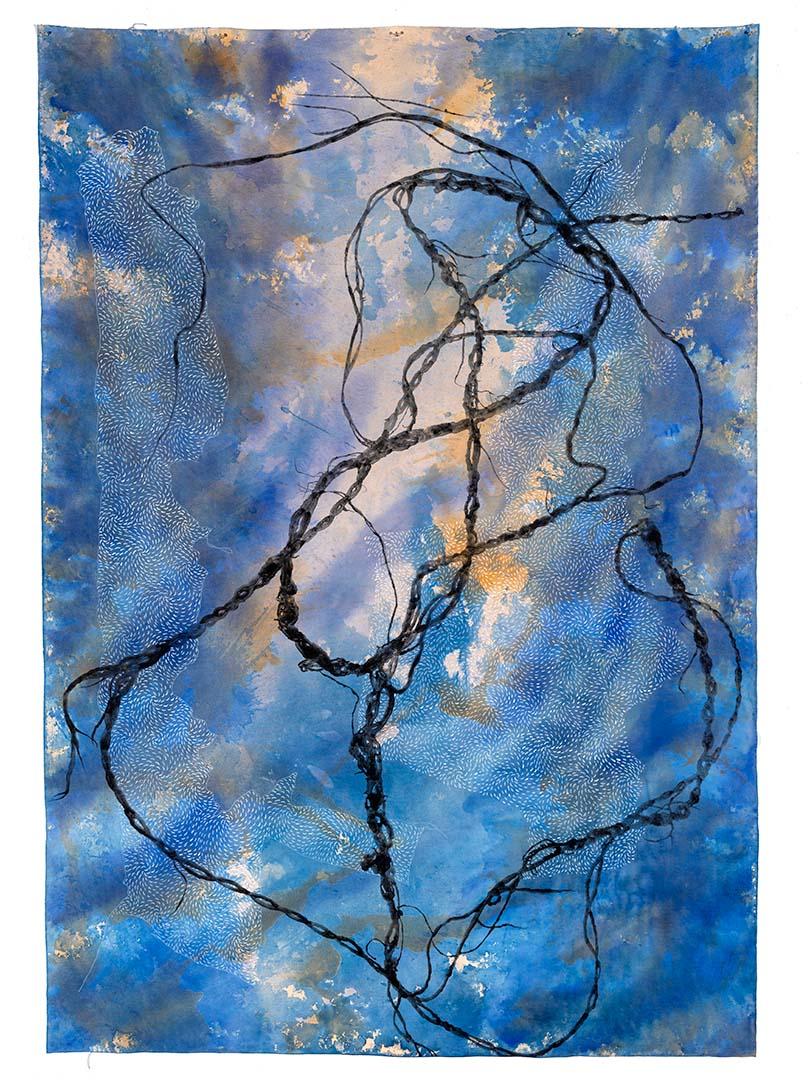 An abstract artwork depicting string over water; there appears to be light shining through the blue water.