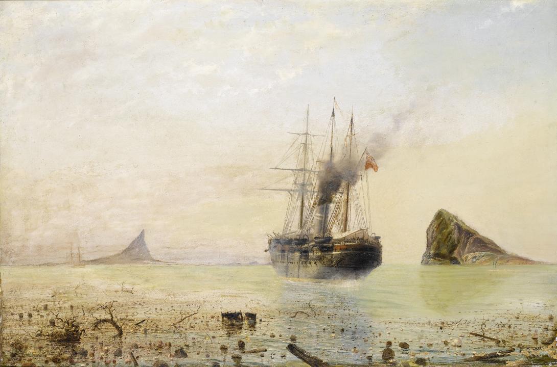 An oil painting of a ship passing through waters devastated by a volcanic eruption.