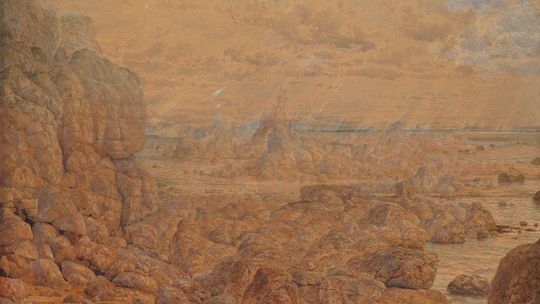 An oil painting of Serpentine Rocks at Lands End in England: a rocky beach is bathed in dusty orange light.