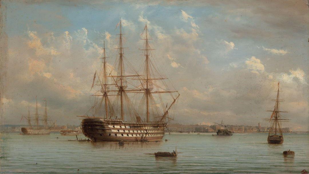 An oil painting of a ship on the ocean, near smaller boats and land, with a cloudy blue sky behind.