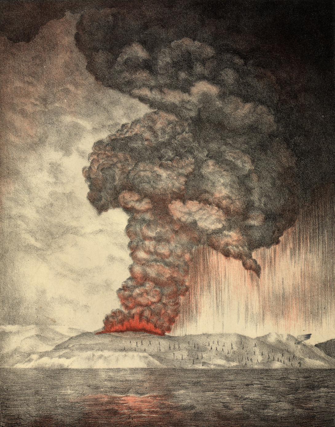 A lithograph depicting a volcano erupting on an island; the sky is yellow and grey with ash and fire.