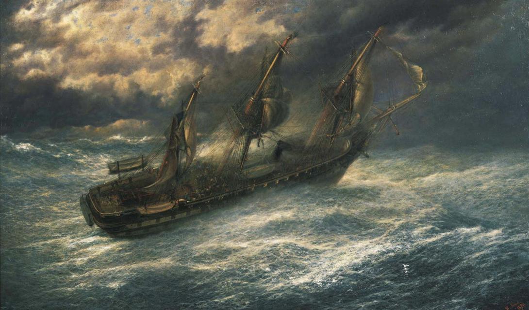 An oil painting of a ship being thrown about on dark, stormy seas.
