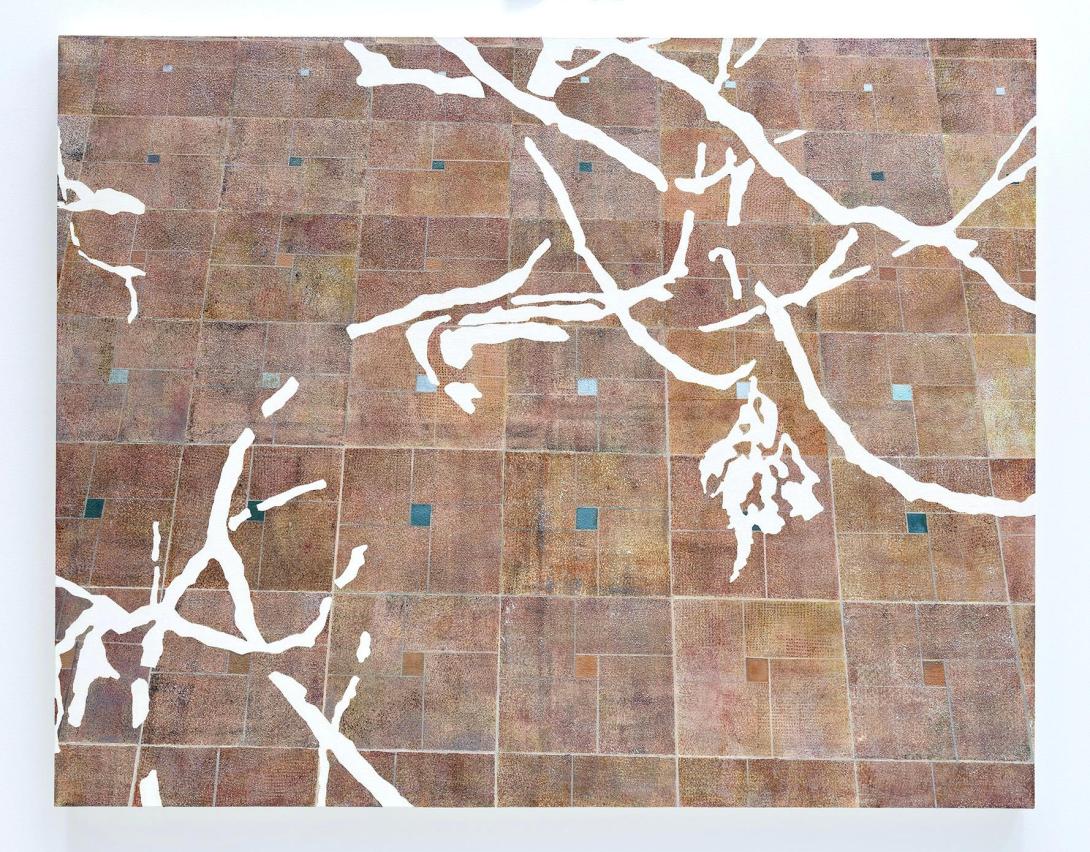 A painting of a terracotta-coloured tile floor, with abstract white vines overlaid.