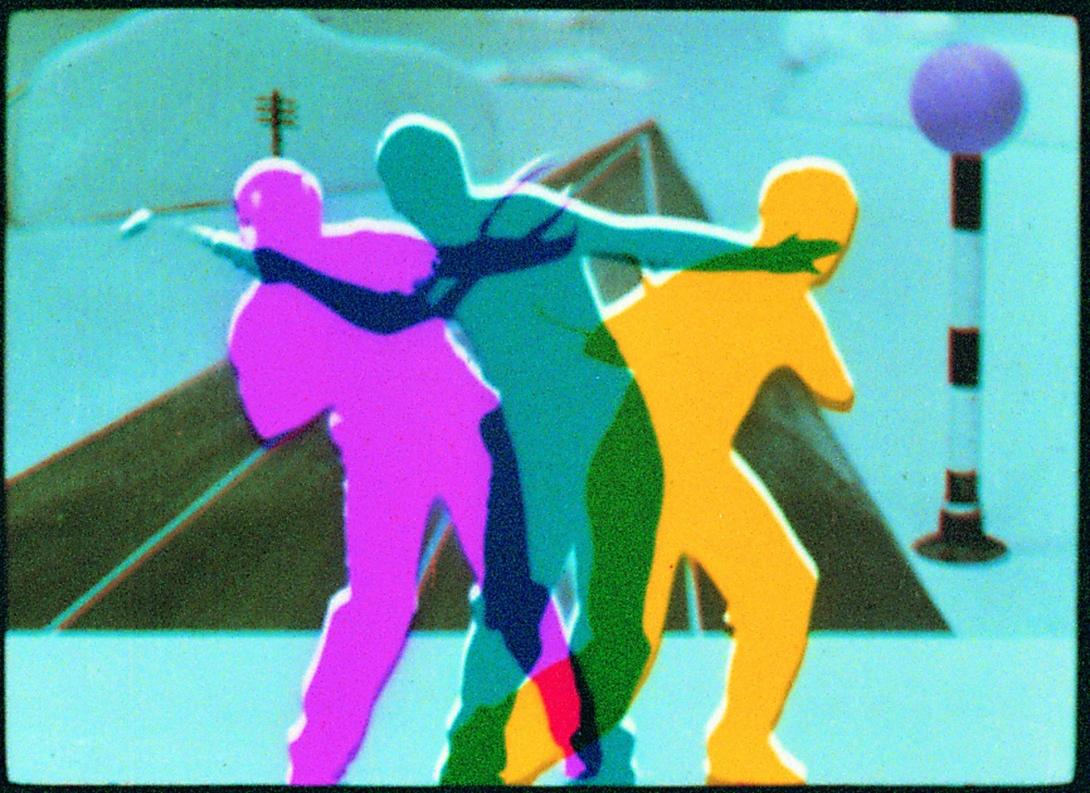 A still from a film that features three overlapping colourful silhouettes on a teal background.