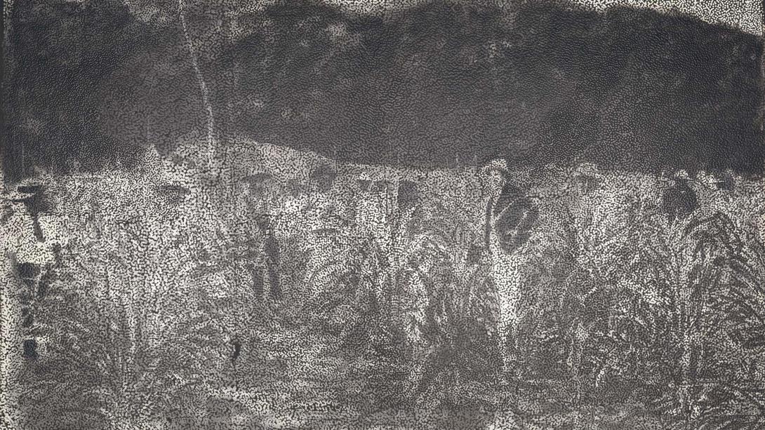An abstract work made in oil and charcoal that evokes figures working in a field.