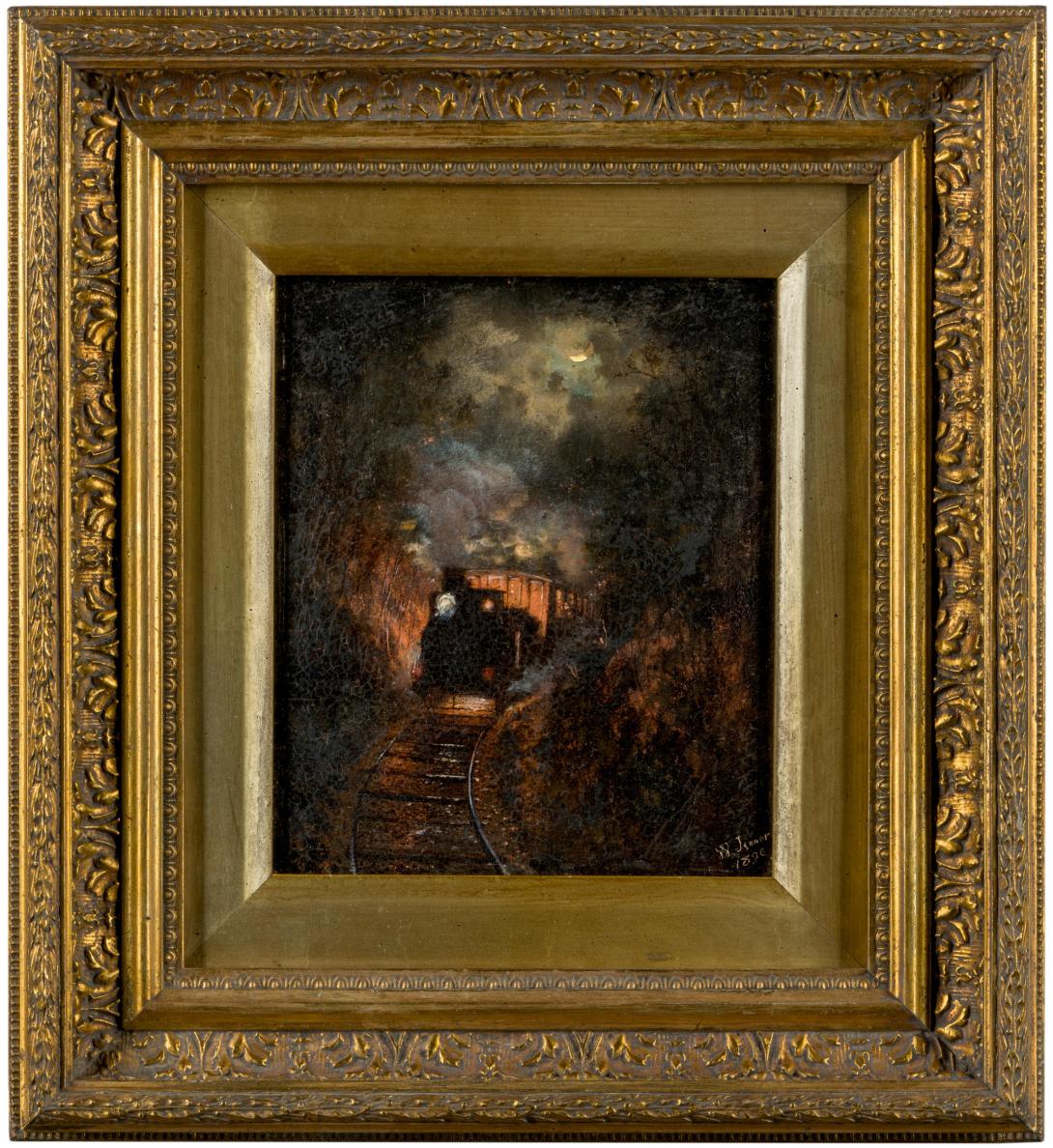 An oil painting of a steam engine emerging from the night, its engine lit up red and smoky. The painting has a wide, tarnished gold frame.