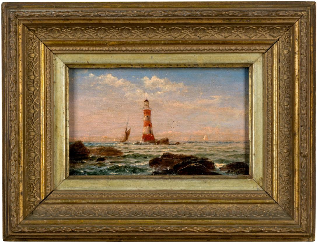 An oil painting of a red-and-white striped lighthouse on the ocean, with rocks in the foreground and a pinkish sunset in the background. The painting has a tarnished gold frame.