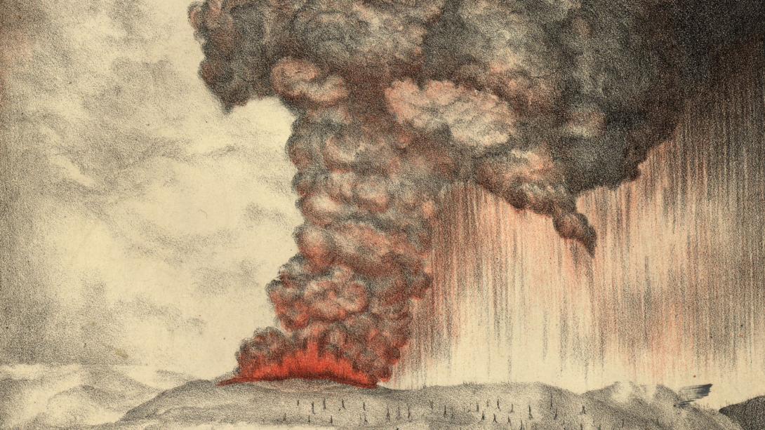 A detail view of a lithograph depicting a volcano erupting on an island; the sky is yellow and grey with ash and fire.