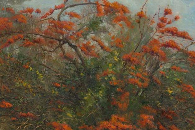 A detail view of an oil painting of a Butea monosperma tree