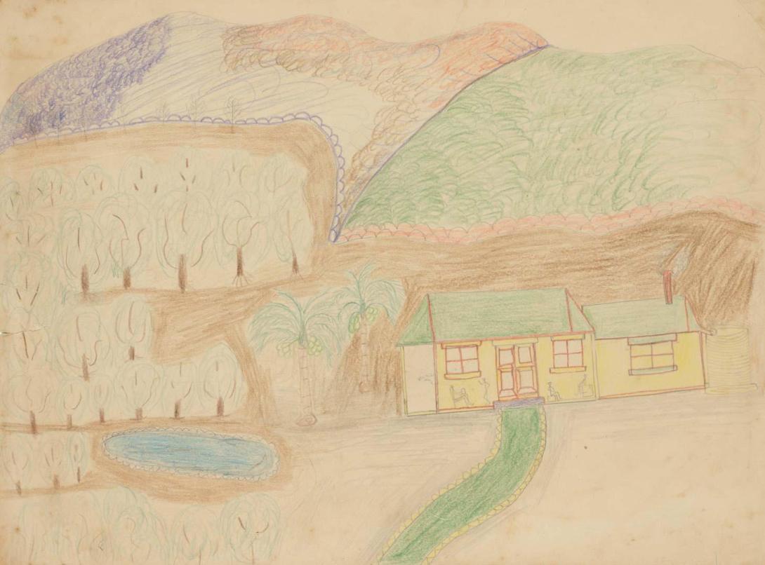 Artwork (House in landscape) this artwork made of Coloured pencil and graphite on paper