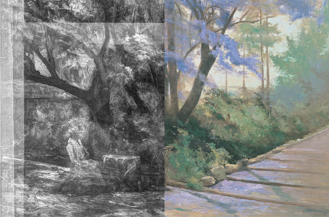 A composite x-ray view of oil painting Under the jacaranda (detail)