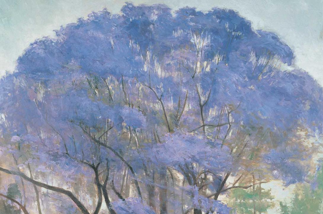 A detail view of an oil painting of a jacaranda tree