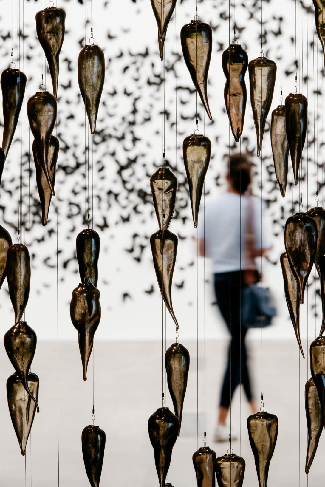 An installation view of a collection of glass sculptures suspended from a gallery ceiling; these sculptures look like little puffs of smoke.