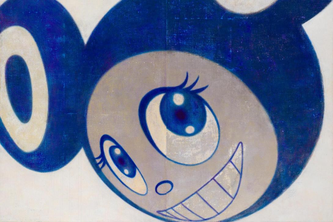 A detail view of a large painting depicting a cheeky Mickey Mouse-type character.
