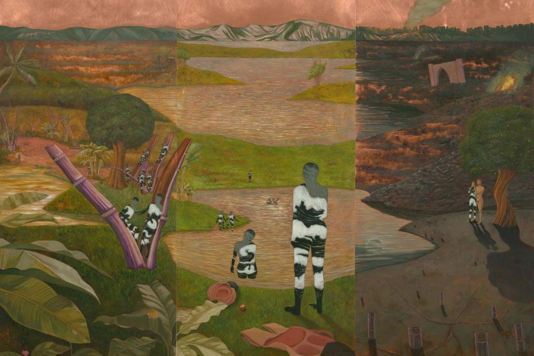 A work on copper depicting silhouettes of people emerging from bamboo shoots. / Lee Paje / The Philippines b.1980 / The stories that weren’t told (detail) 2019 / Oil on copper mounted on wood / Purchased 2021 with funds from Terry and Mary Peabody and Mary-Jeanne Hutchinson through the Queensland Art Gallery | Gallery of Modern Art Foundation / Collection: QAGOMA / © Lee Paje