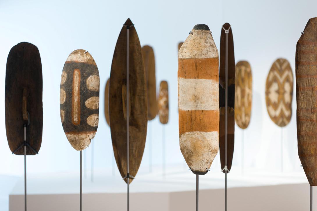 A view of ‘I, Object’, featuring Queensland shields dated c.1880s–1900s by unnamed ancestors, GOMA, January 2020 / Purchased 2021 with funds from the Neilson Foundation through the QAGOMA Foundation / Photograph: N Harth, QAGOMA