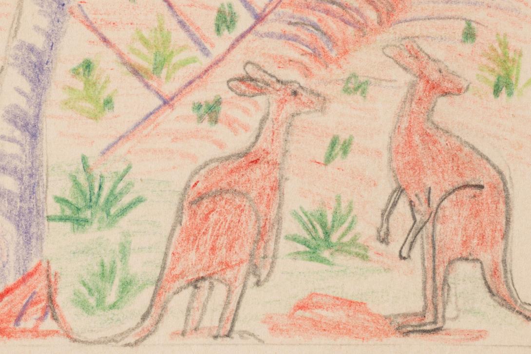 A hand-drawn card depicting kangaroos resting under a tree.