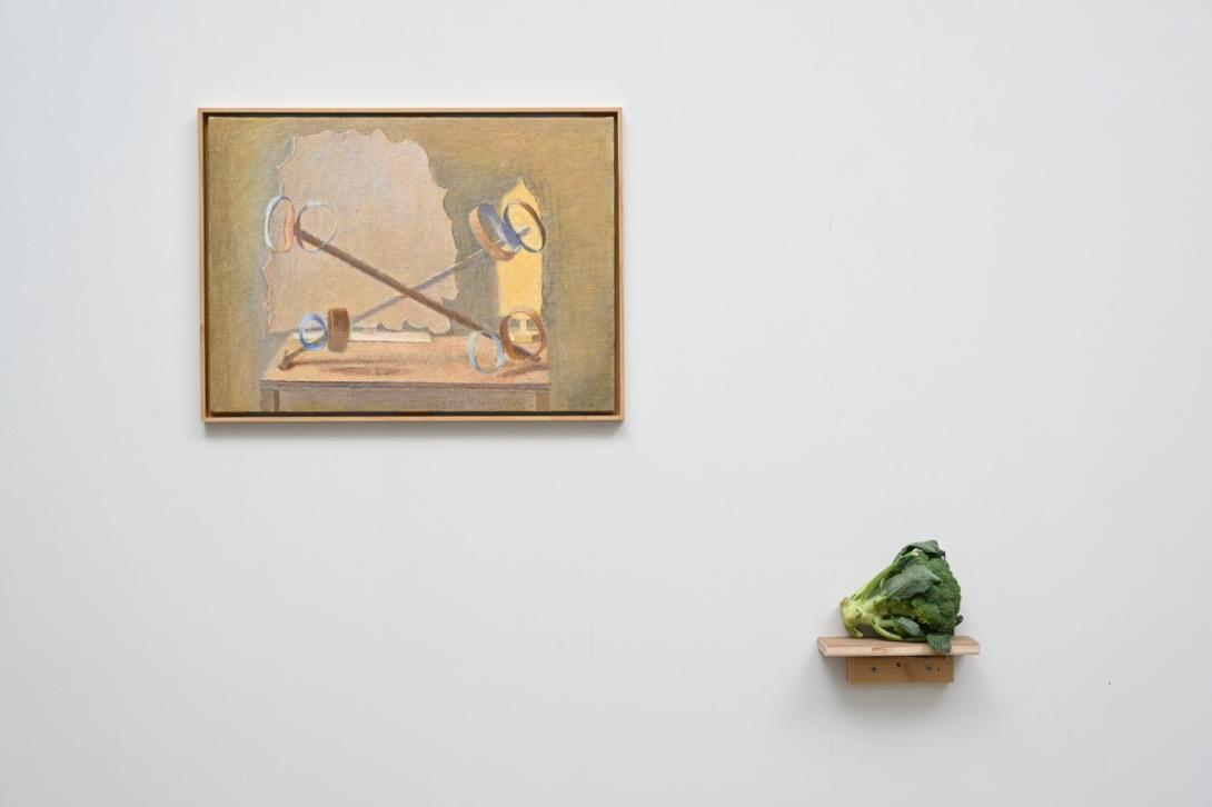 Artwork Painting and Vegetable #13 (Two-colored ring) this artwork made of Oil on canvas, wooden frame, wooden pedestal, vegetable 