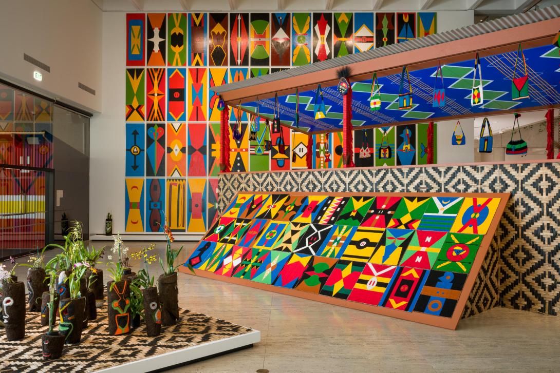A colourful installation of works by Haus Yuriyal, a collective from Papua New Guinea