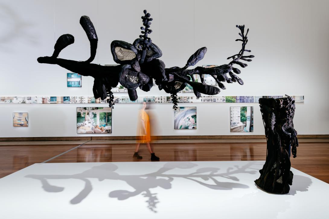 Soft sculptures, resembling dark-coloured organic forms, installed over a plinth (with one suspended from the ceiling) in a bright gallery space