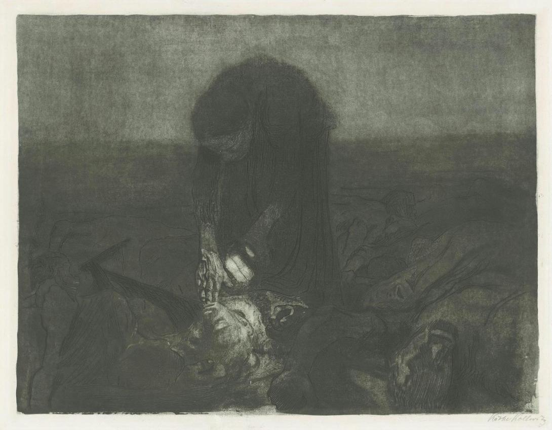 A dark-toned, grey-scale reproduction of a print called 'Battle Field' by Käthe Kollwitz, in which a mother, bent over and carrying a torch, searches through bodies on a battlefield
