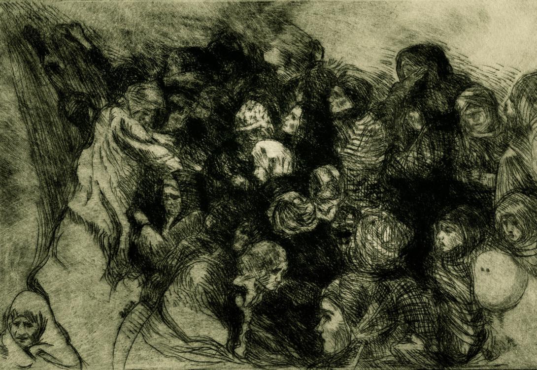 A dark-toned, grey-scale drypoint print depicting a crowd of figures, mostly women