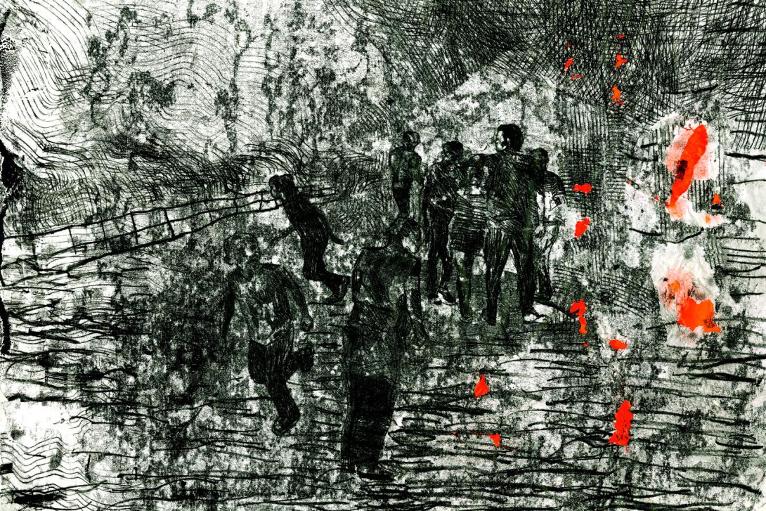 A drypoint print made with black tones and orange highlights