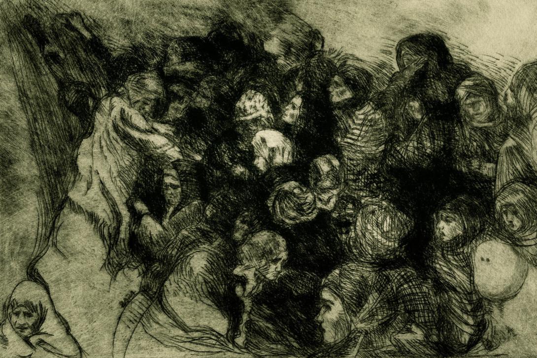A dark-toned drypoint print depicting a scene of war