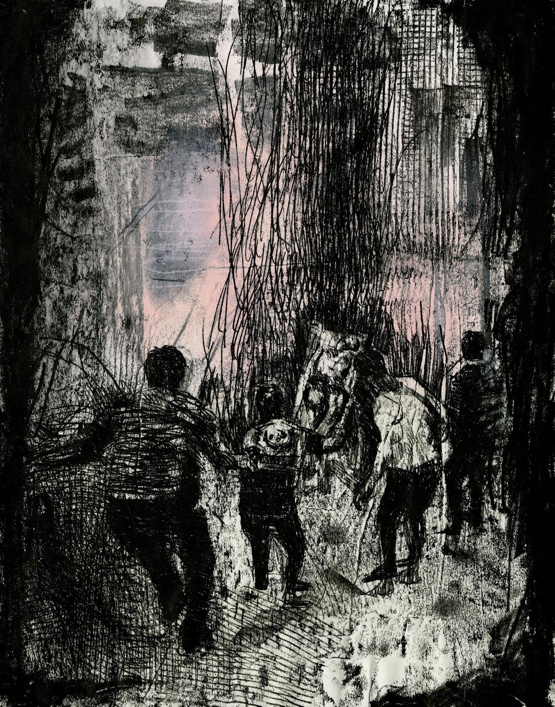 A drypoint print made with black and pink tones