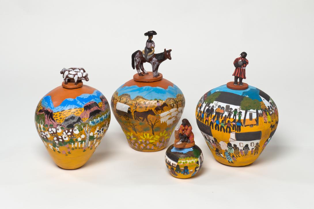 Earthenware pots by Irene Entata: Pot: Cows 2000; Pot: Reelpa (Drovers) 2002; Rubbing salts 2006; and Pot: Mission Days 2005 / © Irene Mbitjana Entata/Copyright Agency